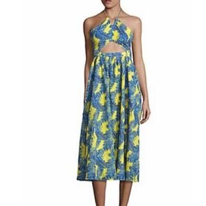Tanya Taylor Yellow and Blue Floral Palm Print Halter Maxi Dress Size 2
